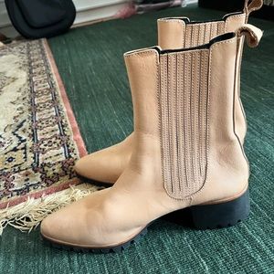 Soft pink leather moto boots